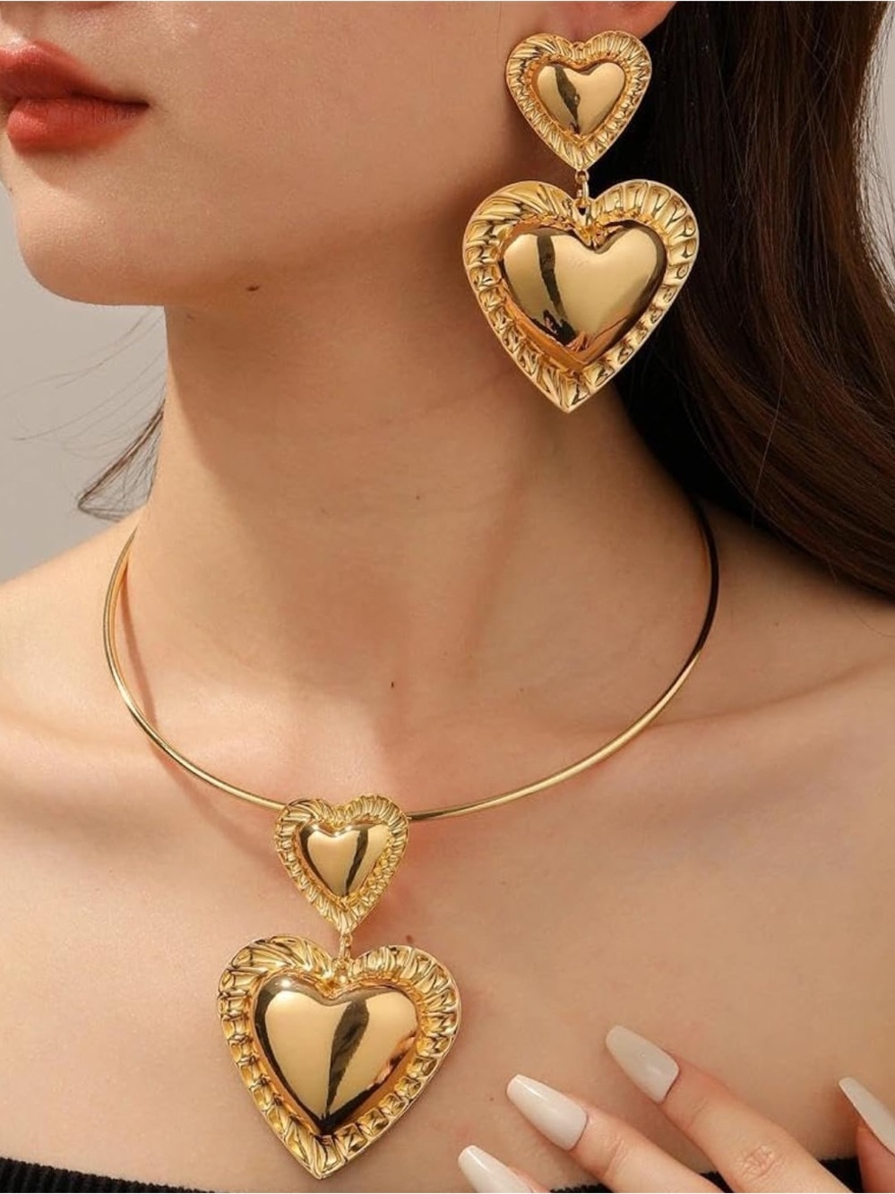 Anthropologie Gold Double Heart Pendant Necklace and Drop Earrings